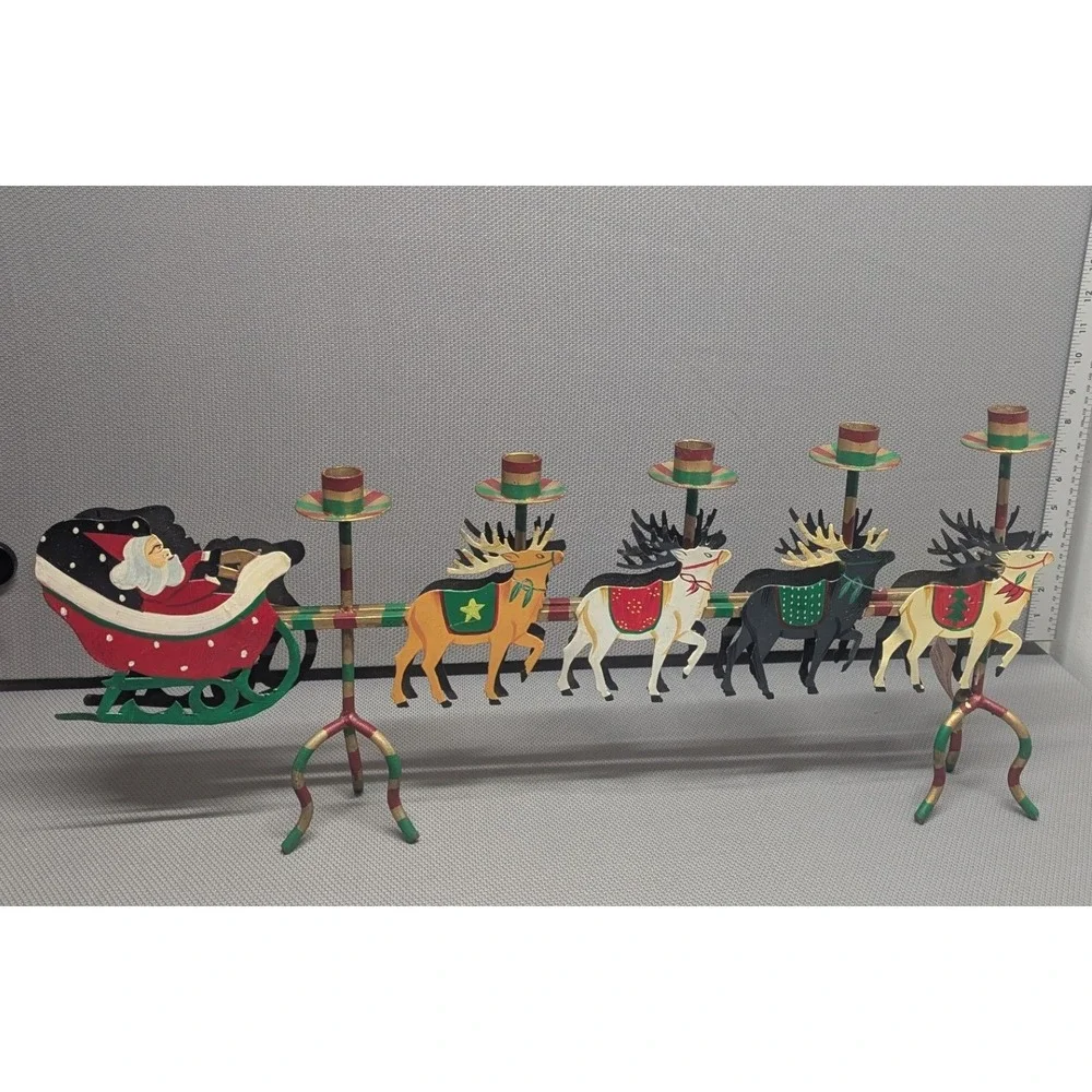 VTG Santa Sleigh Reindeer Metal Candle Stand Christmas Decor Husna Imports 5084